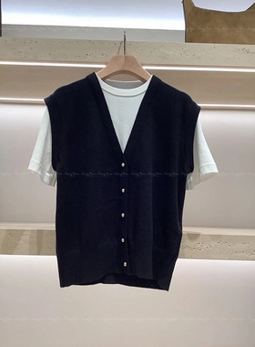 25春夏S法式时尚黑色V领宽松两件套马甲针织衫