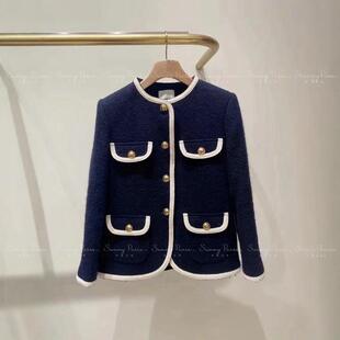 24秋冬S小香风粗花呢撞色花边四口袋羊毛呢短外套