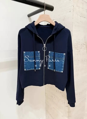 2025早秋新款~SD~法式时尚休闲拼贴牛仔连帽拉链针织开衫短外套