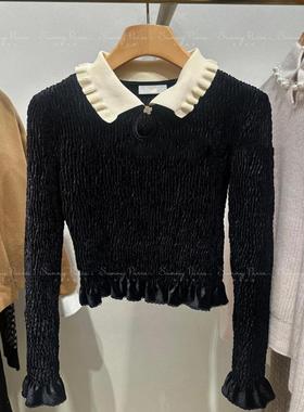 24秋冬S@NDRO法式复古优雅天鹅绒抽褶娃娃领针织衫上衣SFPT**1546
