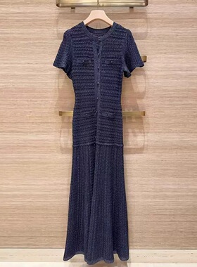 26春夏新款~sd法式时尚镂空圆领短袖中长亮丝针织修身连衣裙
