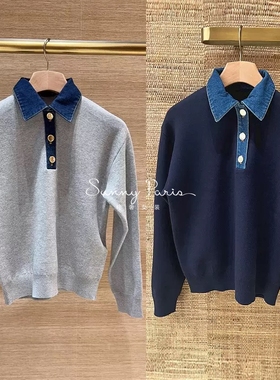 25秋冬SD法式休闲拼接牛仔领POLO领落肩袖针织衫卫衣上衣SFPP*420