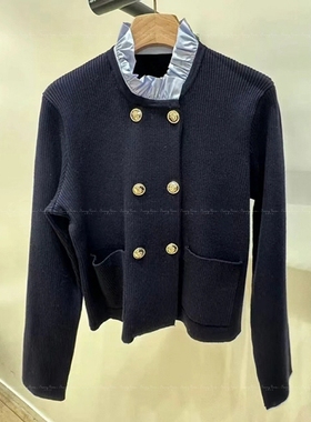 25春夏S@NDRO法式优雅时尚气质蓝色荷叶花边领针织开衫SFPCA01146