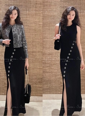 24春夏S@NDRO法式简约黑色高腰钻饰圆环针织修身连衣裙SFPRO03451