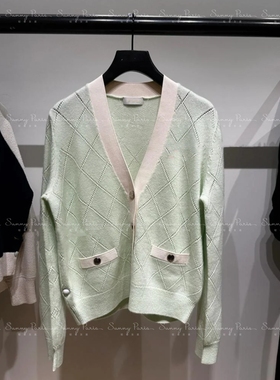 24春夏SD法式简约V领撞色菱格多巴胺针织开衫外套SFPCA00920