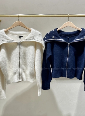 24秋冬M@JE法式休闲海军领闪闪钻饰针织开衫上衣2色MFPCA00575