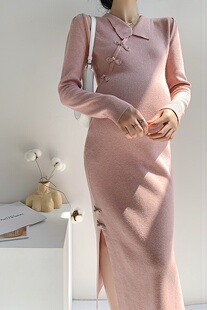 孕妇连衣裙秋季 国风旗袍针织裙复古盘扣翻领侧开叉气质包臀长裙