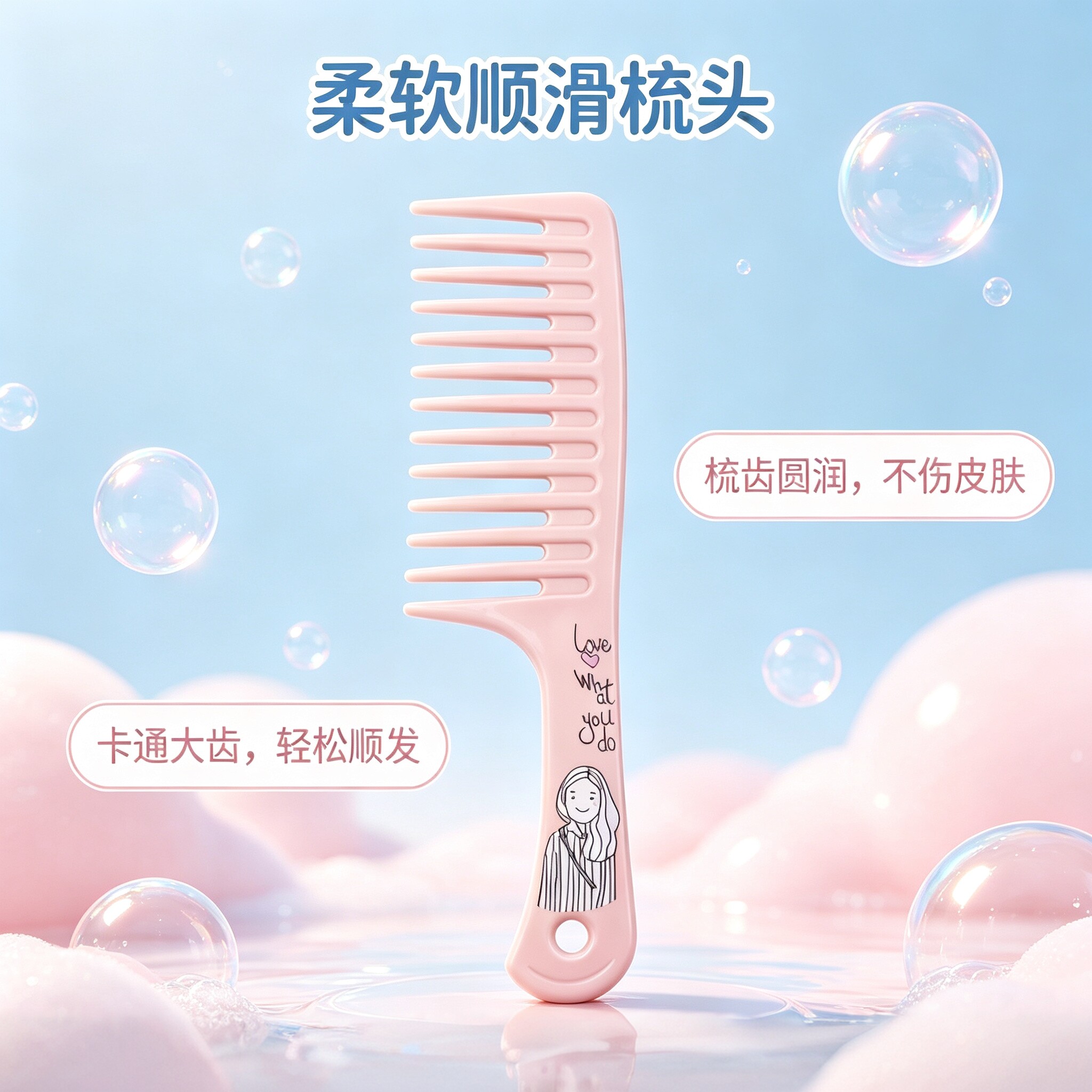 卡通印花大齿梳宽齿塑料梳家用干湿日用美发梳手柄卡通彩色梳子