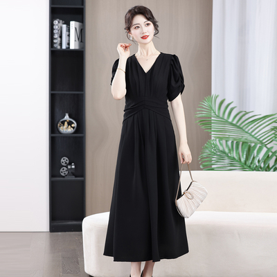 优雅高品质女士黑色V领泡泡袖连衣裙大码显瘦长裙