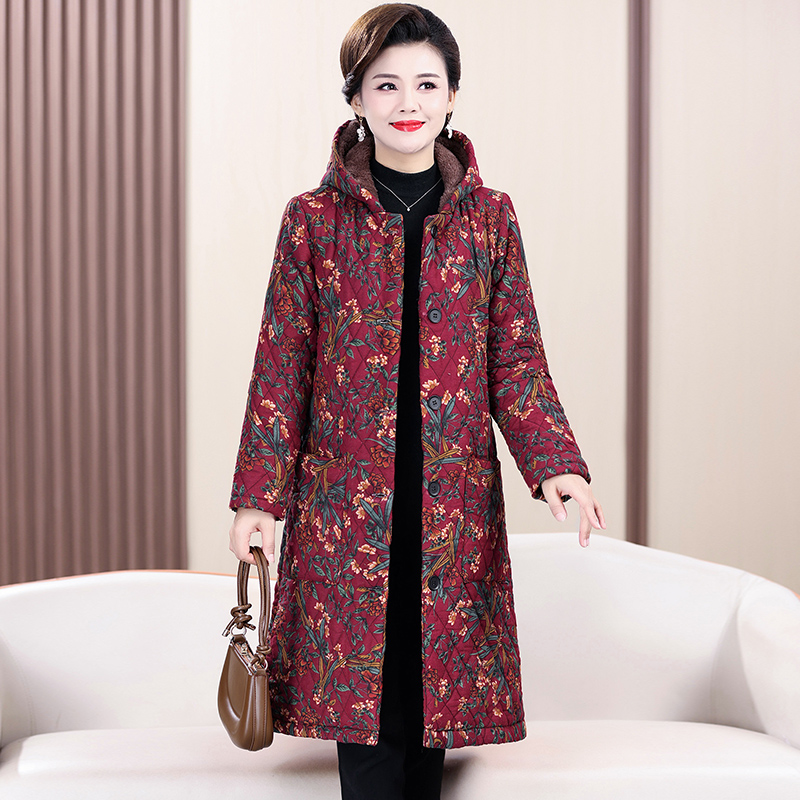 冬季新款棉袄女中老年人加绒加厚保暖连帽碎花棉衣妈妈装棉服大衣