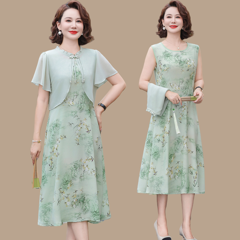 新中式妈妈连衣裙两件套夏装新款洋气中老年女夏季国风裙子洋气质