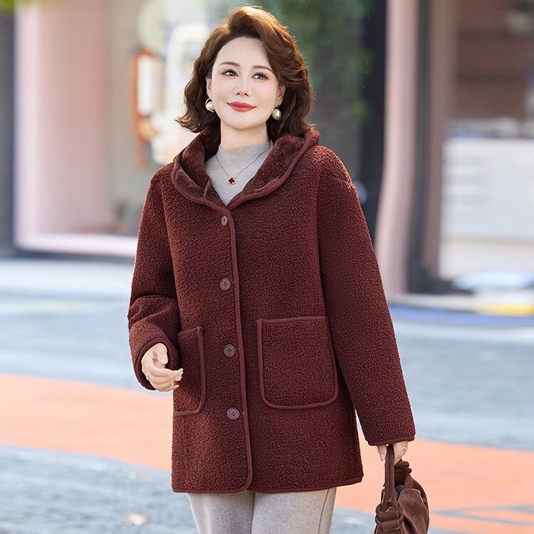 中老年妈妈冬季加绒羊羔绒大衣女洋气加厚保暖连帽颗粒绒棉衣外套
