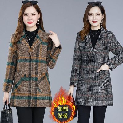 妈妈装秋冬毛呢外套女时尚洋气中老年女士中长款格子加厚呢子大衣