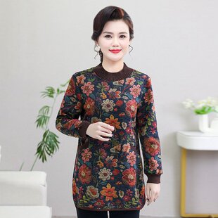 胖妈妈秋冬季加绒加厚打底衫中长款加大码宽松中老年人女保暖上衣