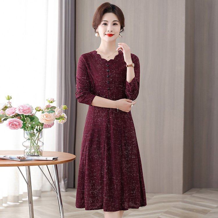 时尚妈妈春秋长袖连衣裙洋气新款中老年女装弹力修身显瘦中长裙子
