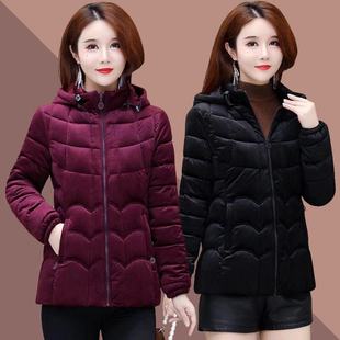 中老年女装金丝绒棉衣短款羽绒棉服细条纹丽丝绒加厚外套连帽棉袄