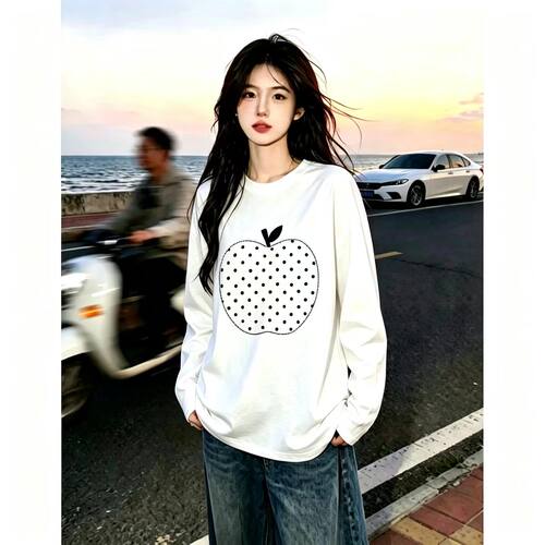新款慵懒风苹果波点宽松长袖女T