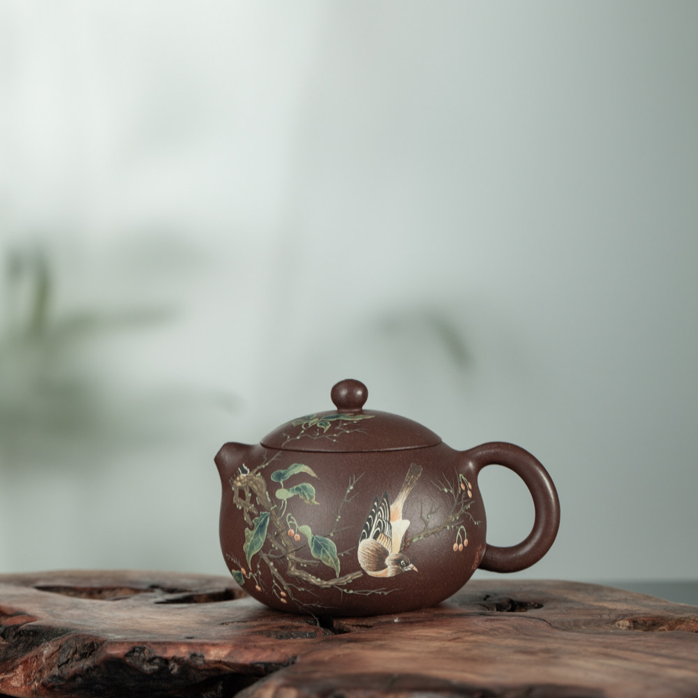 宜兴紫砂壶手工刻绘花鸟茶壶西施壶180c'c