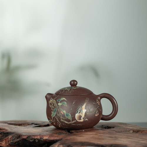 宜兴紫砂壶手工刻绘花鸟茶壶西施壶180c'c