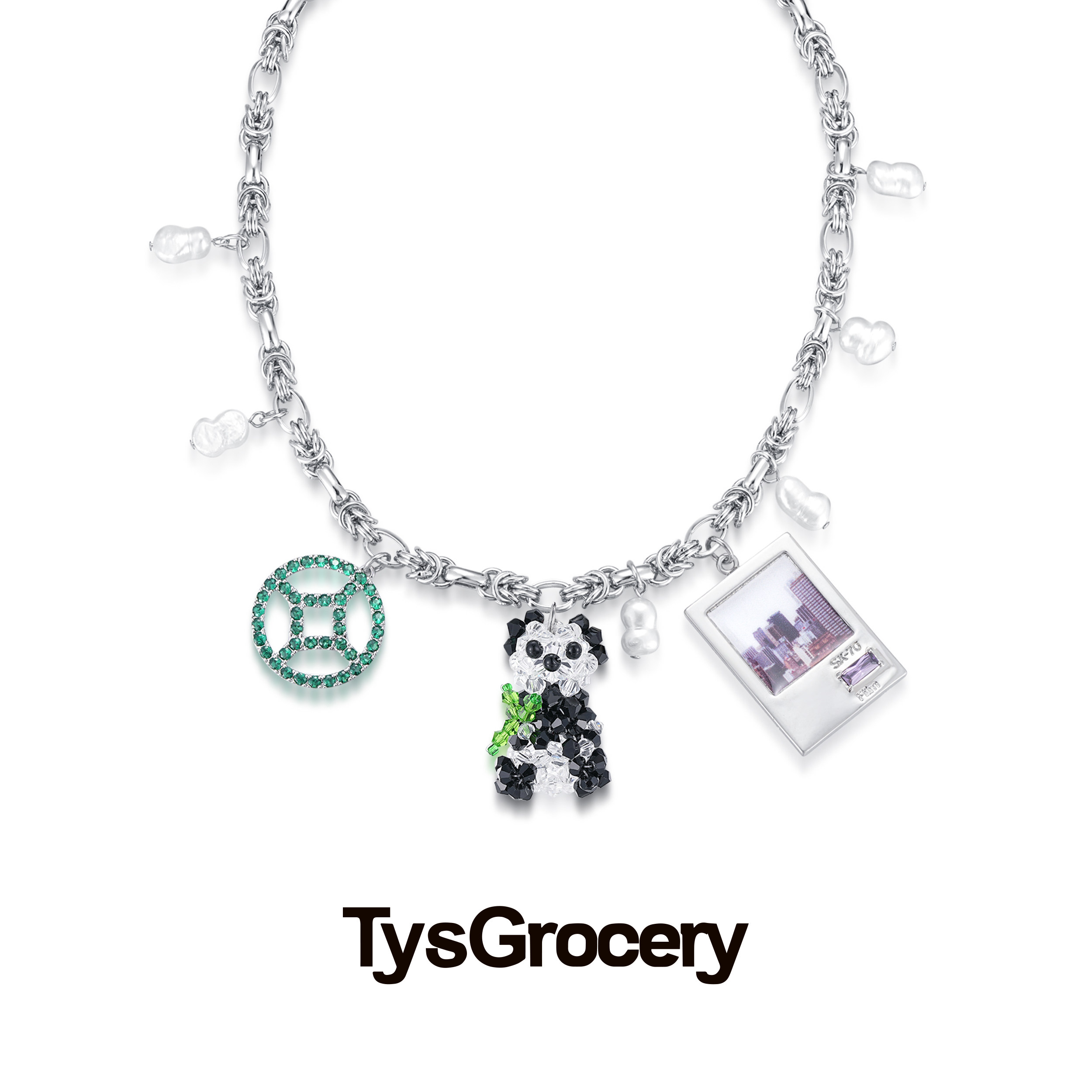 TysGrocery 23 PRAY 回忆影像手工编织水晶珍珠熊猫项链