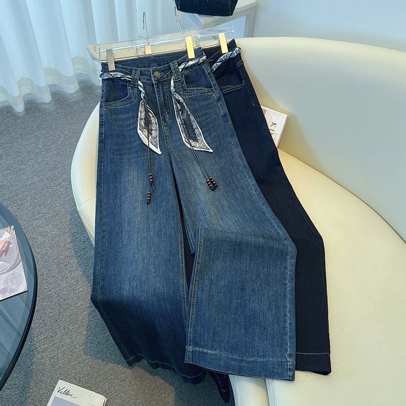 高腰窄版阔腿裤牛仔裤女