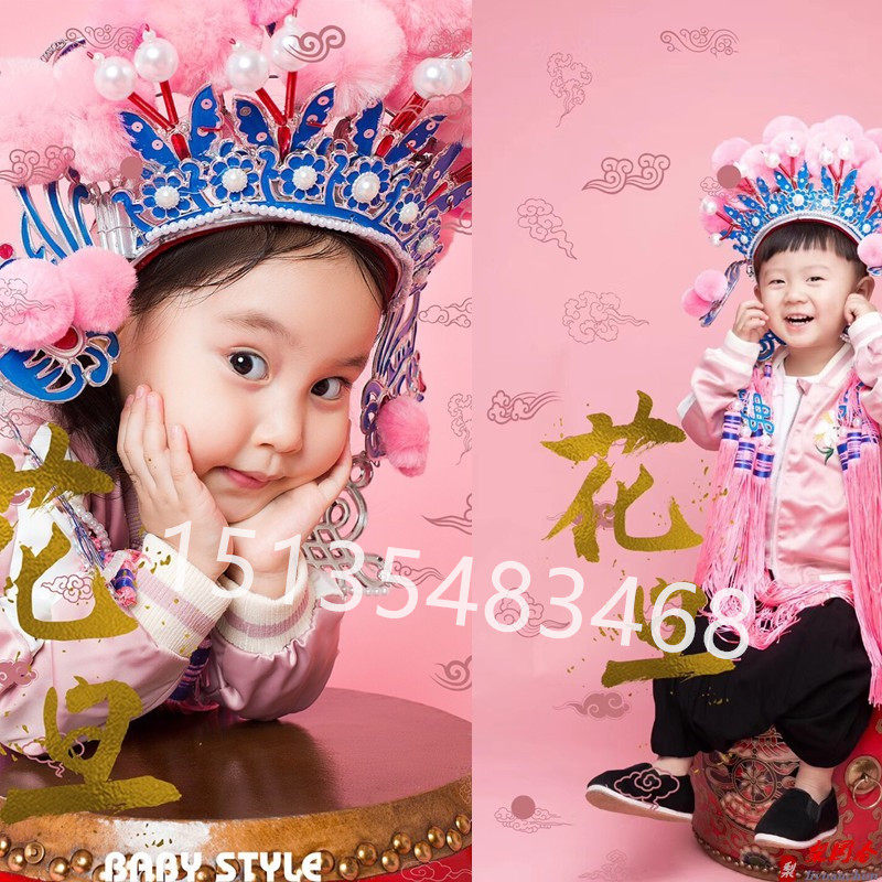 2019儿童影楼拍摄小花旦绒球凤冠七星京剧戏曲头饰中国风凤冠国潮