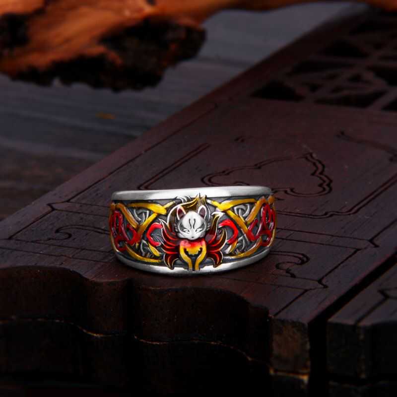 纯银珐琅彩烧蓝九尾狐戒指女士国潮复古个性民族风文艺范开口指环