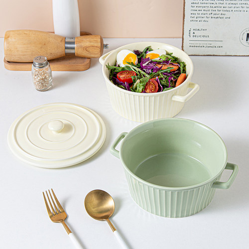 奶油风陶瓷双耳汤碗大号带盖猪油罐家用个人专用泡面碗螺蛳粉餐具