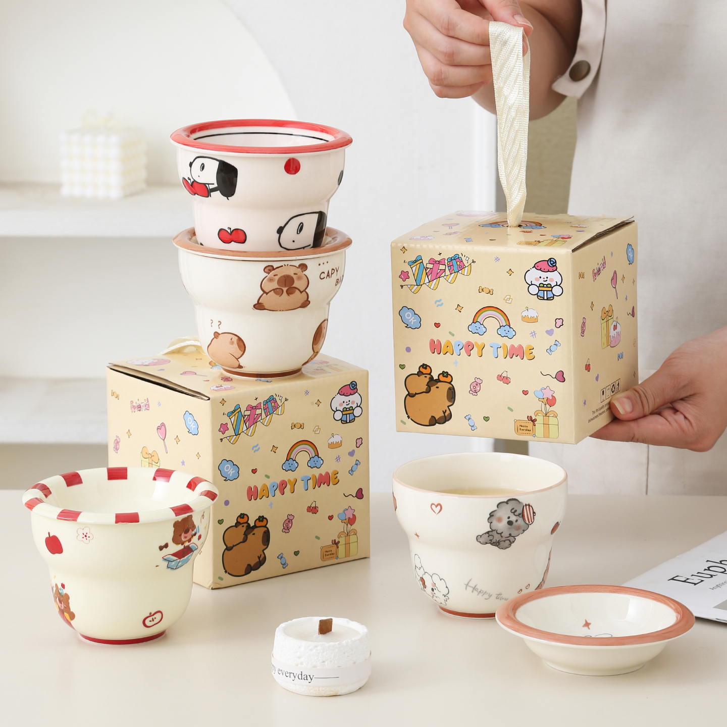 釉下彩可爱马克杯带盖礼盒装儿童卡通杯子陶瓷家用生日小礼品水杯