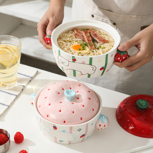 釉下彩卡通陶瓷泡面碗带盖可爱双耳面碗学生宿舍家用好看的新款碗