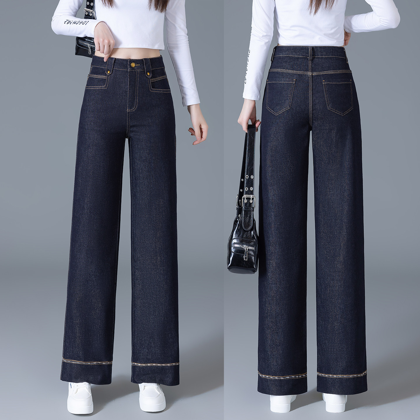 丹宁色窄版阔腿牛仔裤女秋冬2025新款高腰九分裤小个子休闲直筒裤