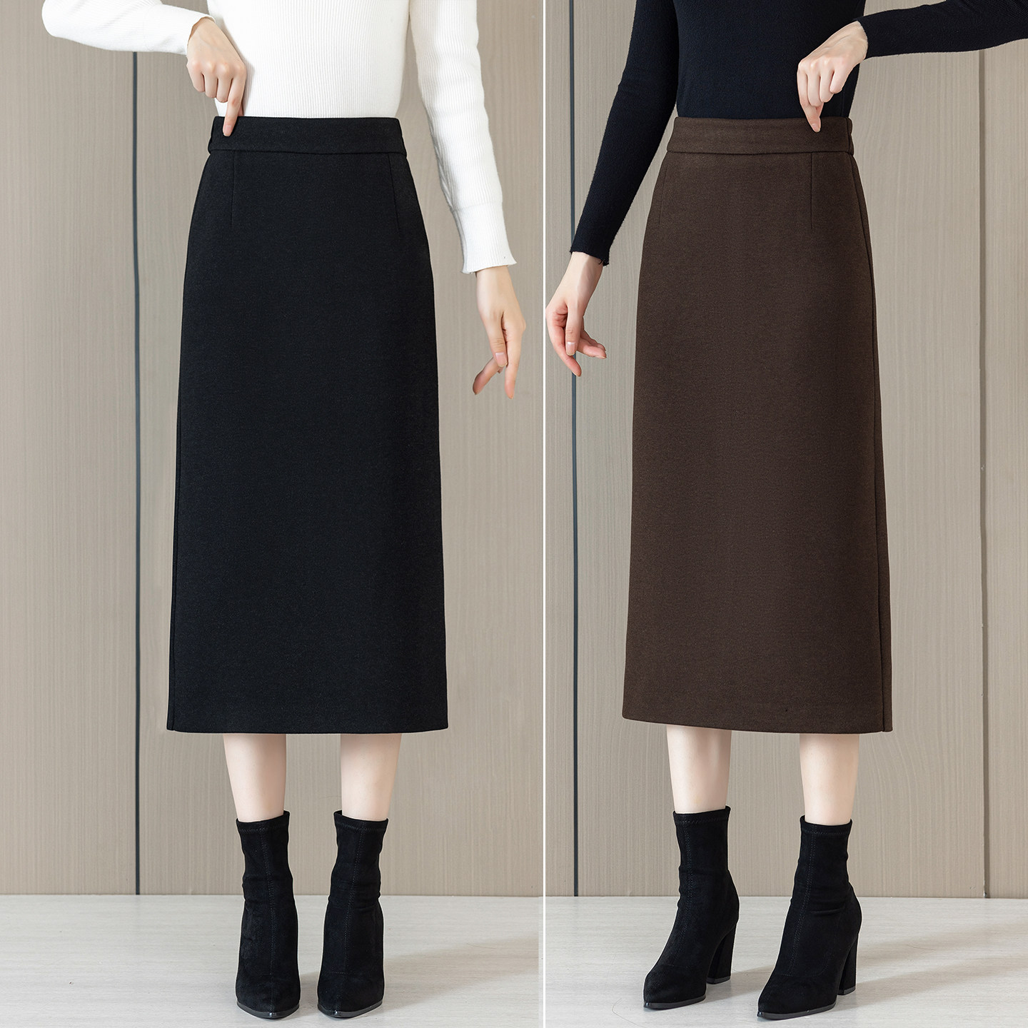 醋酸羊毛呢半身裙女秋冬季2025新款高腰咖色中长款开叉一步包臀裙,女装/女士精品,半身裙,淘宝优惠券,粉丝福利购,淘宝优惠卷