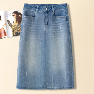 高档烫钻牛仔半身裙女春夏2026新款 a字包臀裙 高腰百搭显瘦中长款