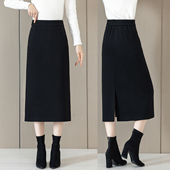 松紧腰气质开叉直筒一步a字包臀裙 黑色毛呢半身裙女秋冬2025新款