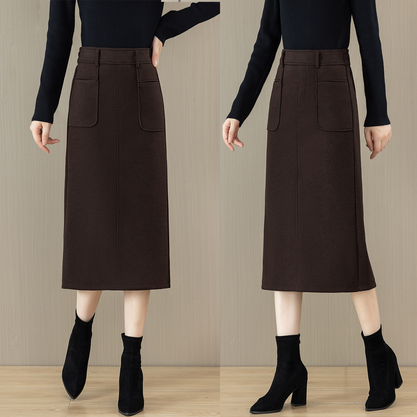 醋酸羊毛呢直筒半身裙女秋冬2025新款后松紧腰显瘦开叉一步包臀裙,女装/女士精品,半身裙,淘宝优惠券,粉丝福利购,淘宝优惠卷