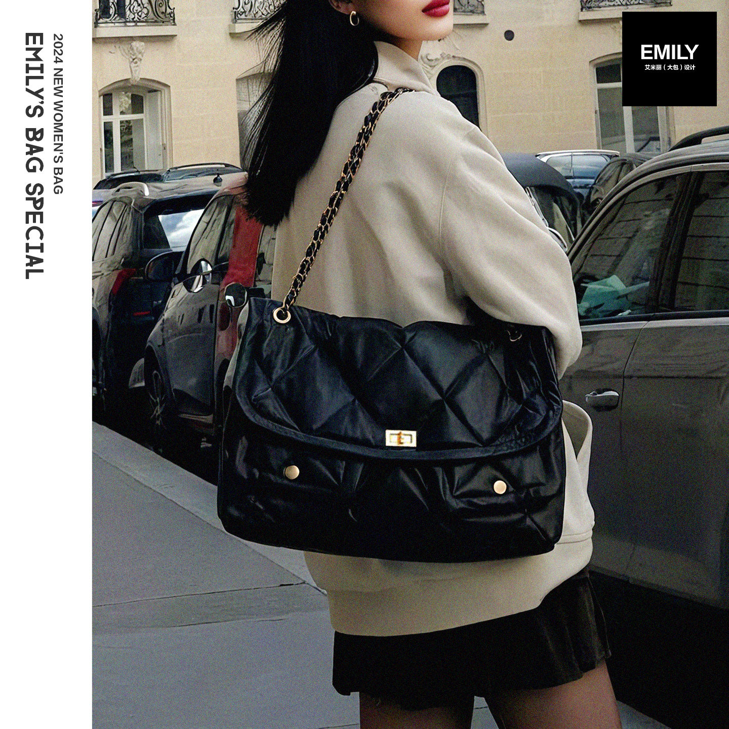 新款羊皮女包菱格链条锁扣大容量复古休闲通勤托特包手提单肩斜挎