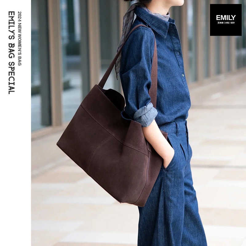 牛皮麂皮斜挎大托特包复古通勤女
