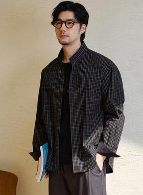 收留原创男士春秋墨绿色格子衬衫长袖新中式立领宽松立裁纯棉休闲