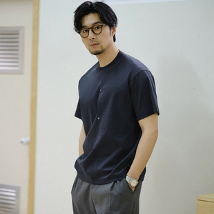 收留原创夏季男士藏青色口袋t恤圆领宽松品质高级感新中式短袖