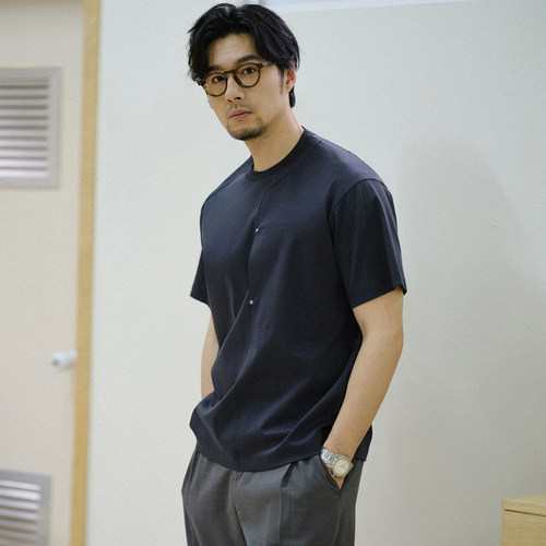 收留原创夏季男士藏青色口袋t恤圆领宽松品质高级感新中式短袖