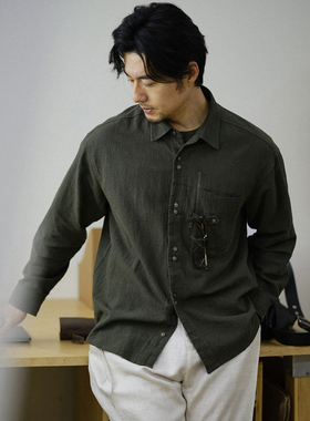 收留原创2025男士春秋墨绿色长袖衬衫格子通勤百搭品质休闲棉麻