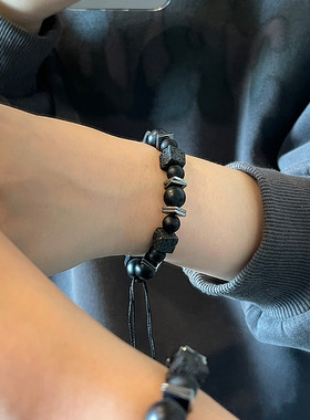 火山石熔岩方块手链男女ins轻奢小众编织可调节手串复古嘻哈手饰