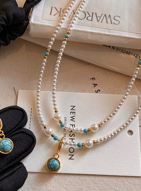 天然绿松石吊坠锁骨链轻奢小众高级感S家澳白珍珠项链女气质颈链