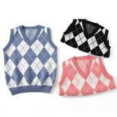儿童加厚提花菱形马甲纯羊毛背心羊绒针织坎肩秋冬保暖新款