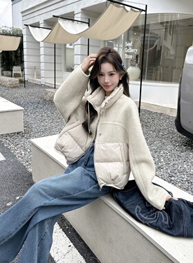2025韩国东大门立领拼羽绒双面羊绒大衣女短款宽松显瘦羊毛外套女