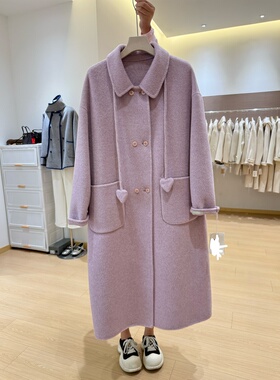 2025秋冬韩国双面羊绒大衣女中长款新款紫色小个子爱心羊毛外套女