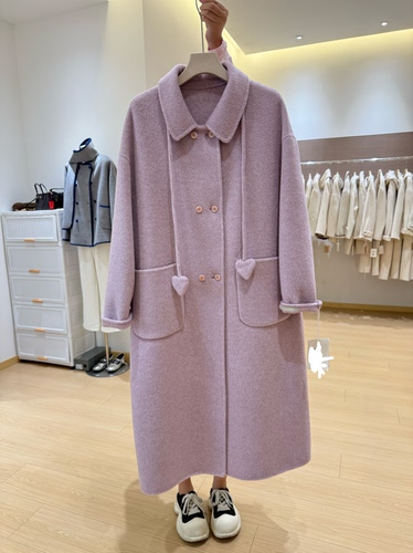 2025秋冬韩国双面羊绒大衣女中长款新款紫色小个子爱心羊毛外套女