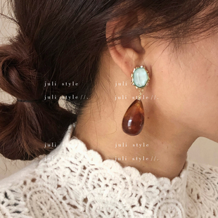 复古琥珀色水滴耳环女高级感金属耳饰 法式 橘里 S925纯银针