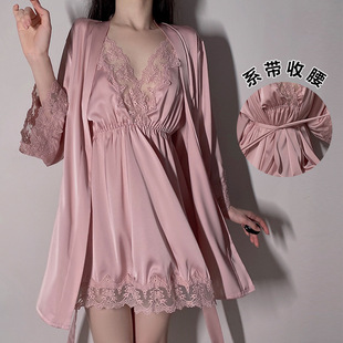 系帶睡袍緞面蕾絲吊帶裙睡衣女家居服套裝 品牌性感深長袖