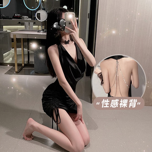 性感链条露背诱惑睡衣荡领褶皱显瘦挂脖裙家居服套装